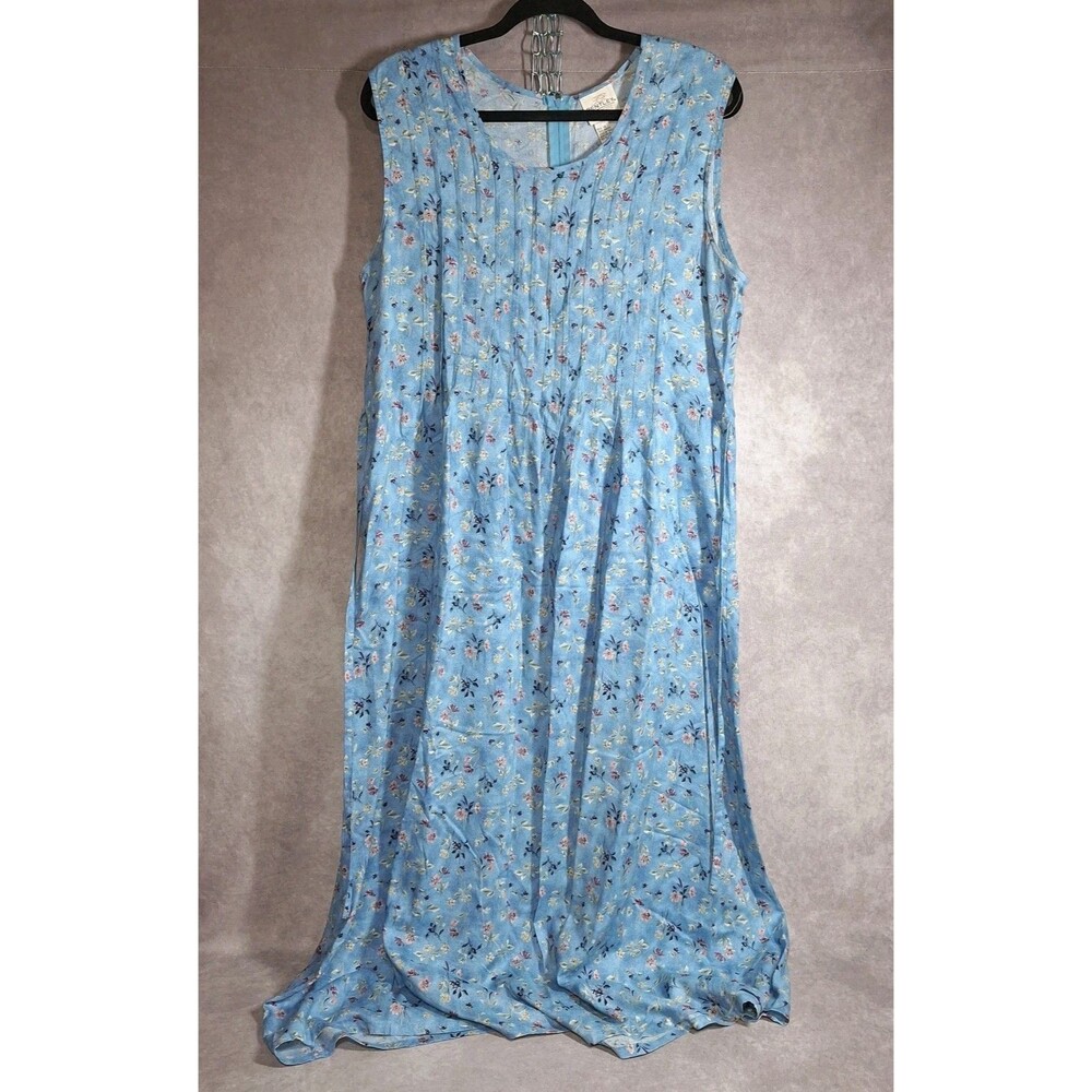Vintage Bentley Blue Floral Print Pintucked Maxi Dress w/Tie Size 14 Rayon